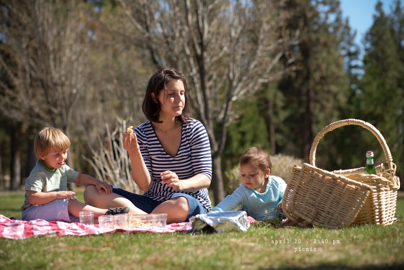 A woman and two small children have a picnic on a blanket beside a wicker basket.