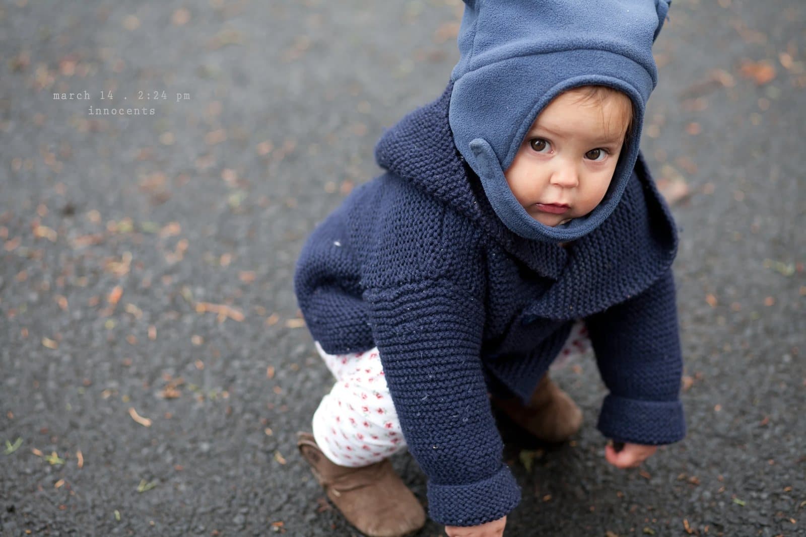 A baby in a blue knit hooded sweater crawls on pavement, captioned innocents.