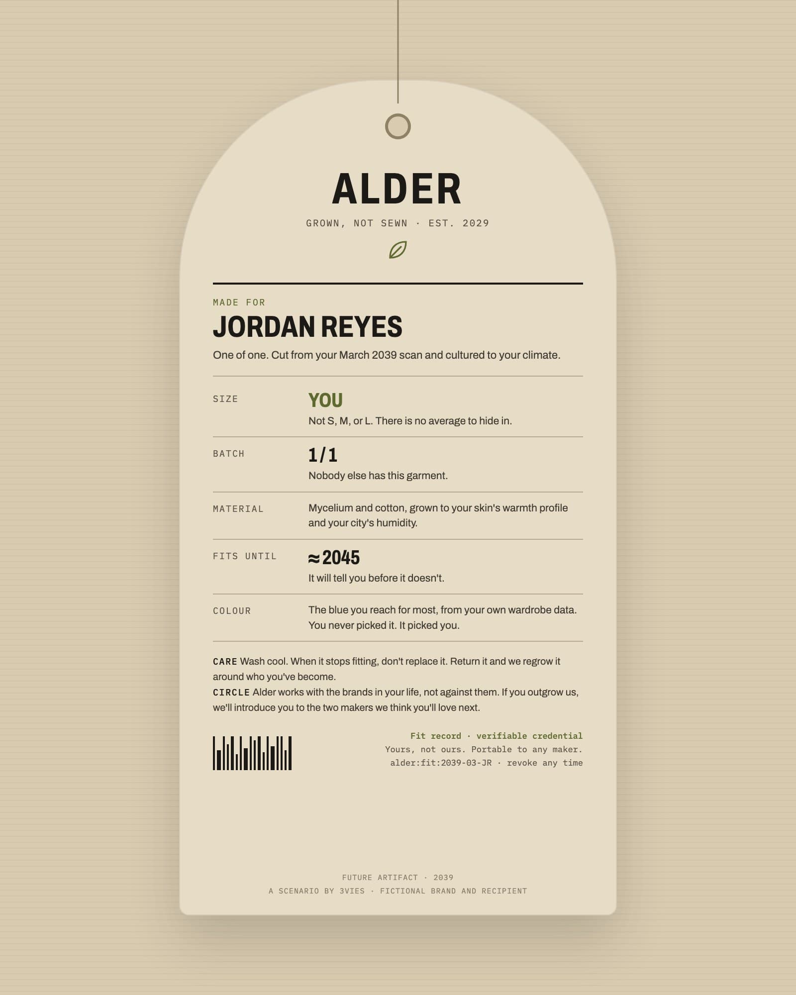 Future artifact: a garment hang tag from 2039 made for one person, size: you