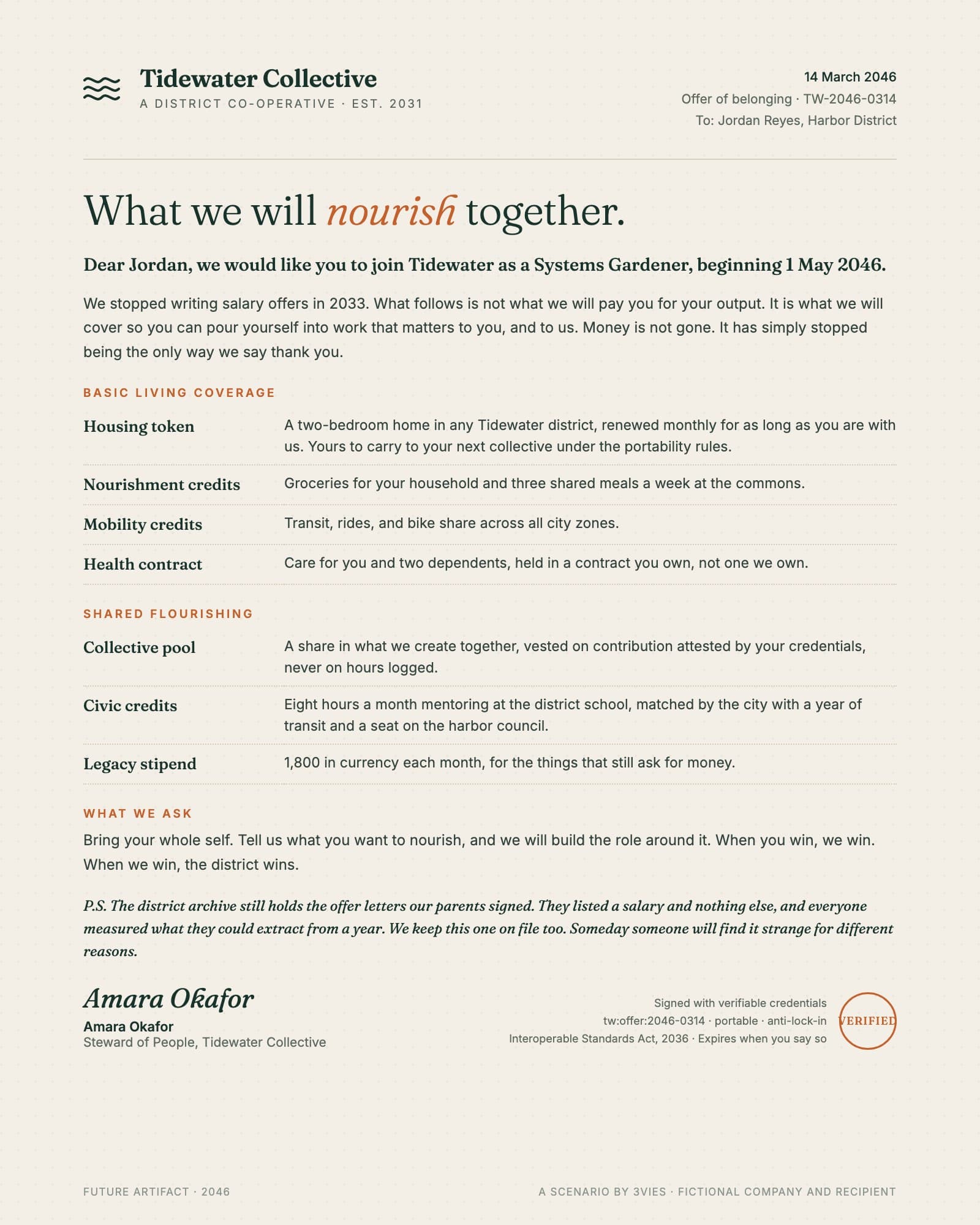 A future artifact: an offer letter dated 14 March 2046 from the fictional Tidewater Collective, listing basic living coverage and shared flourishing instead of a salary