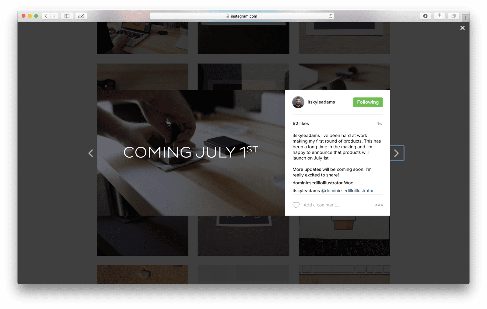 Kyle's Instagram post announcing products Coming July 1st over a photo of stamping a pouch.