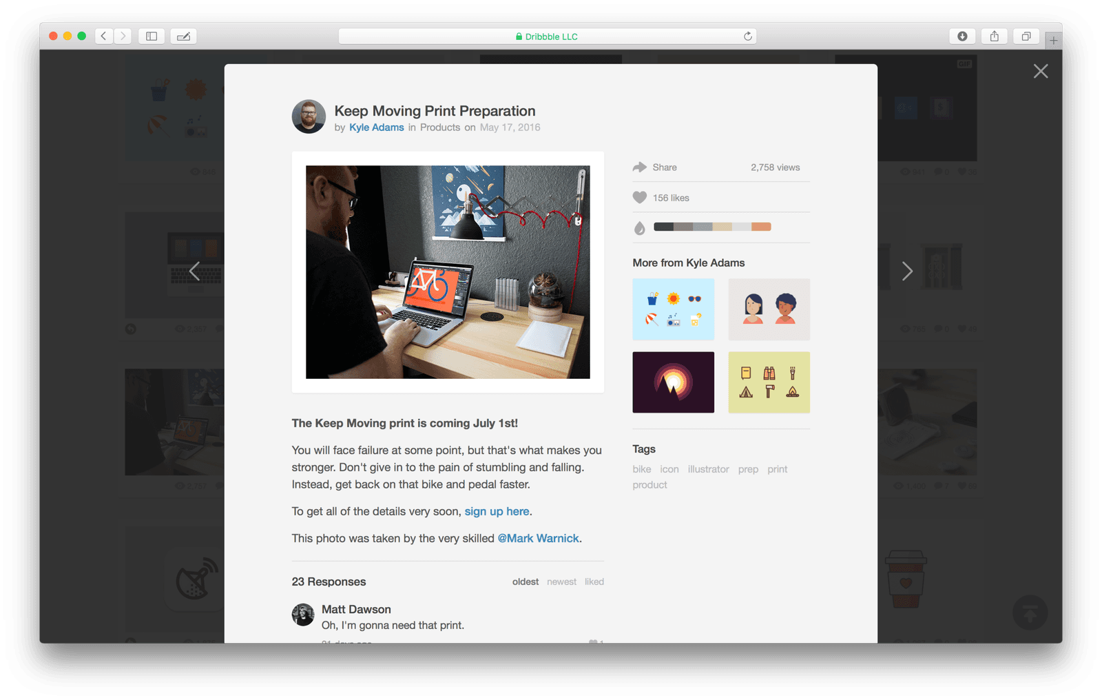 Kyle's Dribbble shot Keep Moving Print Preparation, using a studio photo and crediting Mark Warnick.