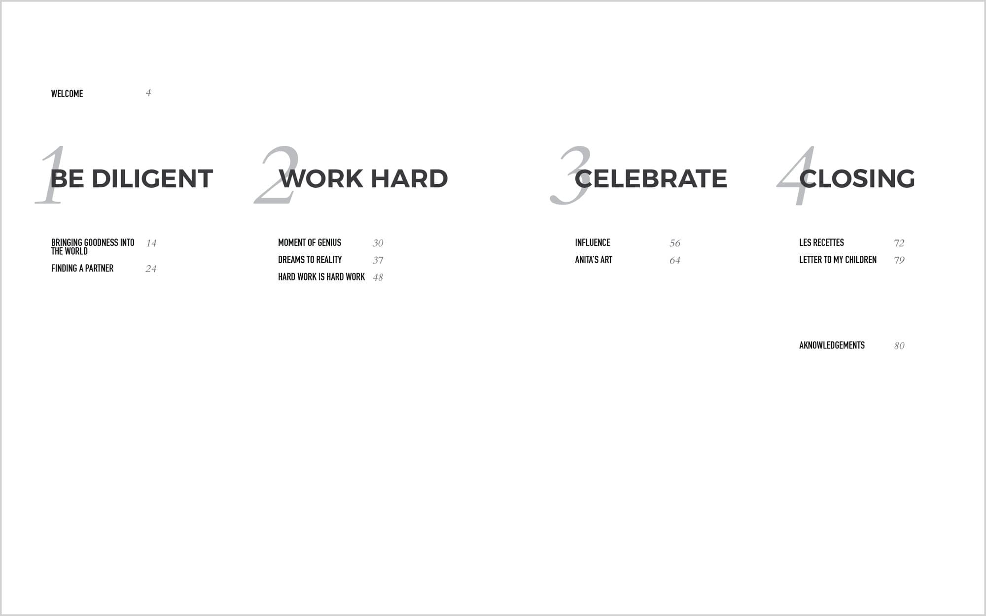 2016 contents overview in four sections: Be Diligent, Work Hard, Celebrate, and Closing.