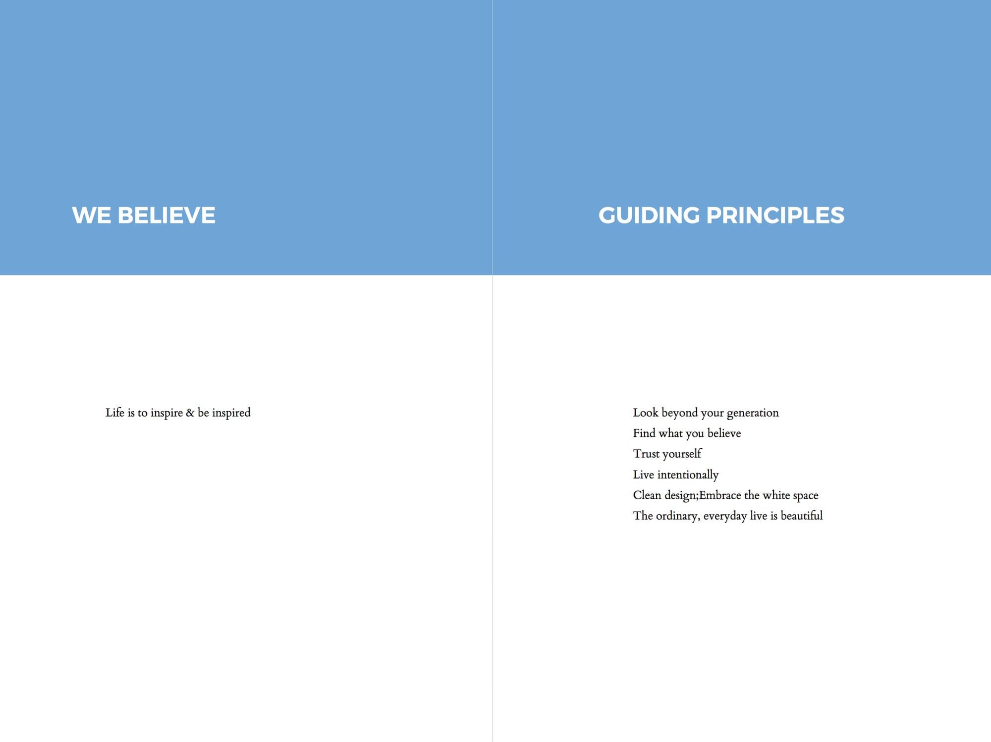 Branding guide spread with blue headers for We Believe and Guiding Principles, listing principles like Live intentionally.