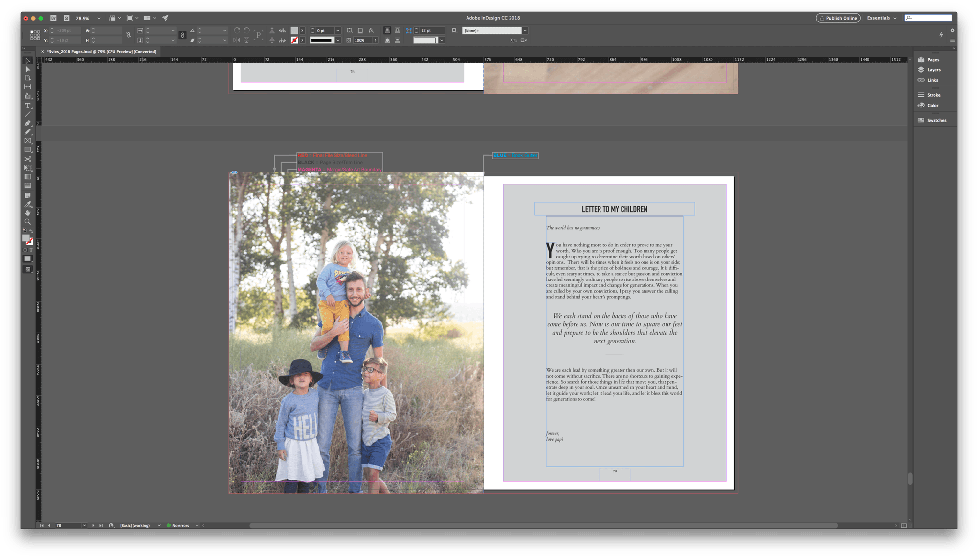Adobe InDesign window showing the Letter to My Children spread beside a family photo, used for the magazine layouts.