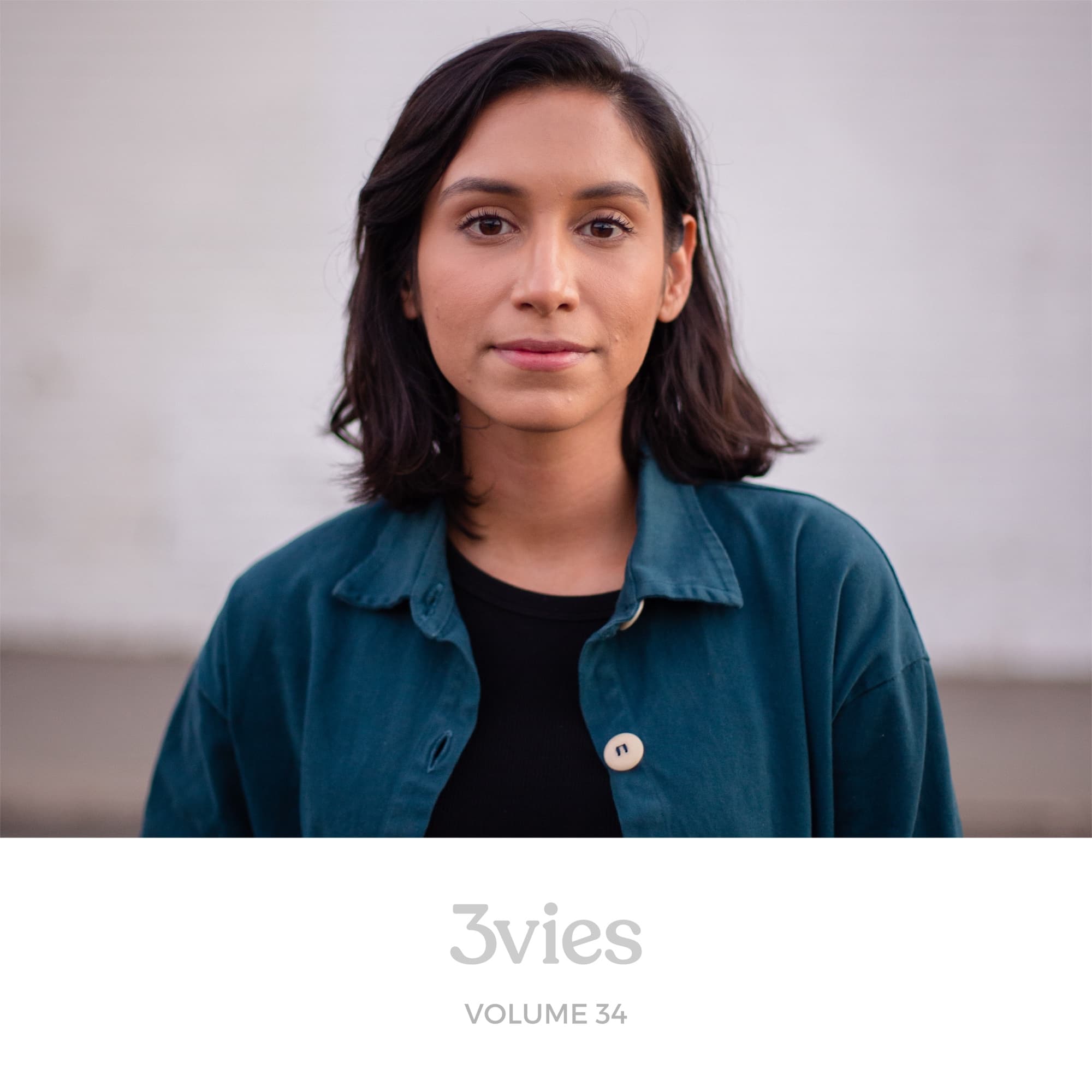 Spotify playlist cover for 3vies Volume 34, featuring the cover portrait of a woman in a teal jacket.