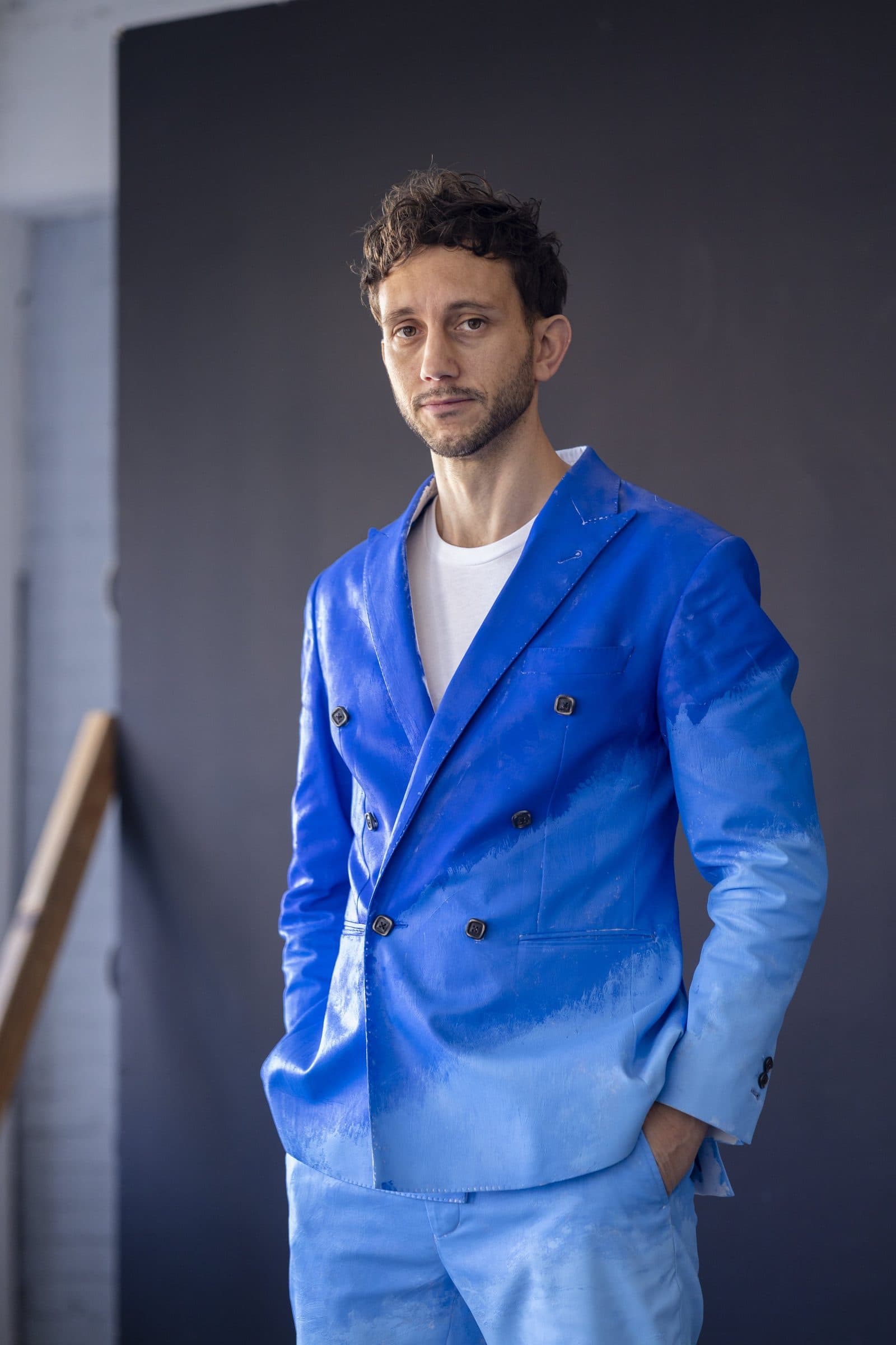 Mark Warnick in a hand-painted cobalt blue suit