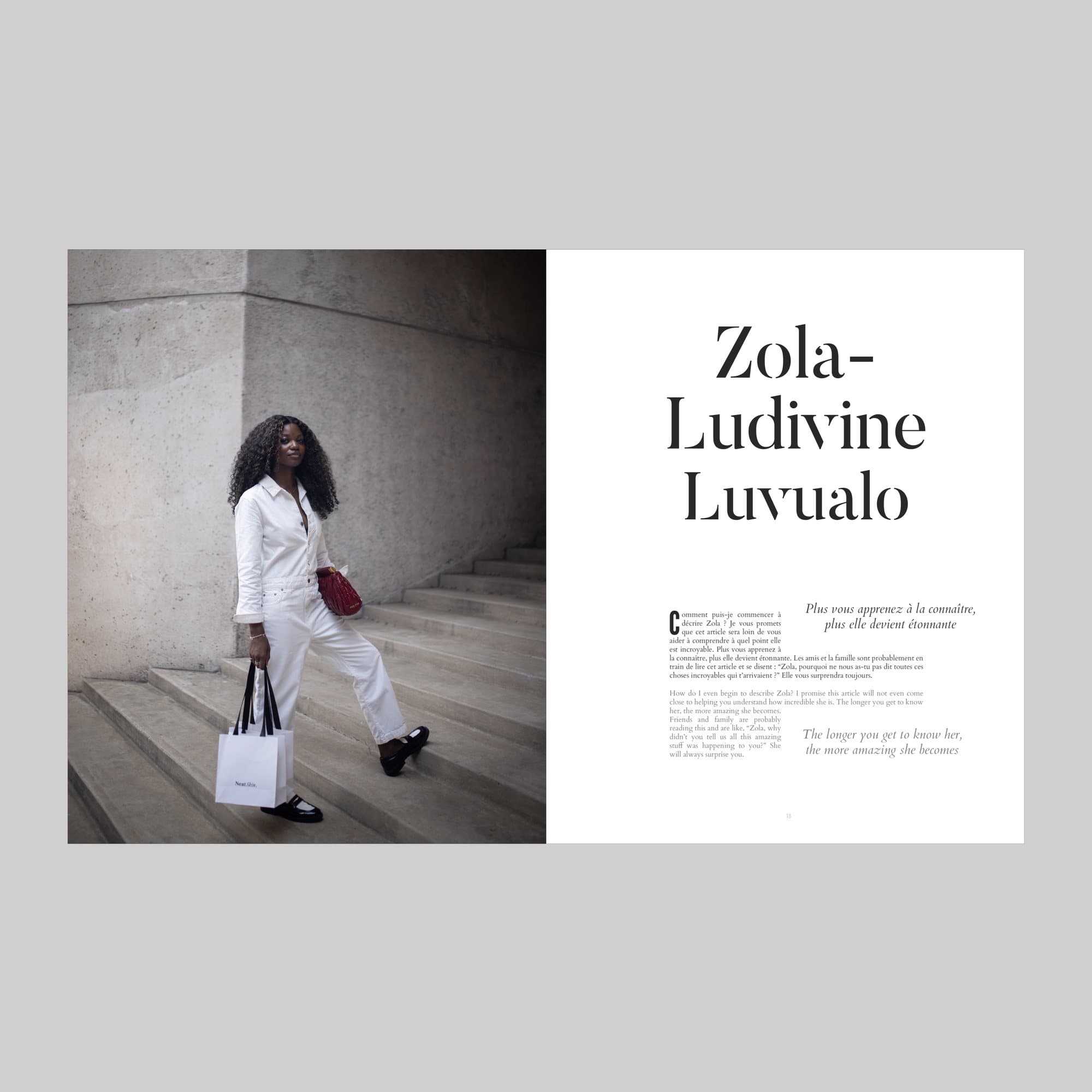 A 3vies magazine spread profiling Zola-Ludivine Luvualo, shown in white on concrete steps with a shopping bag.