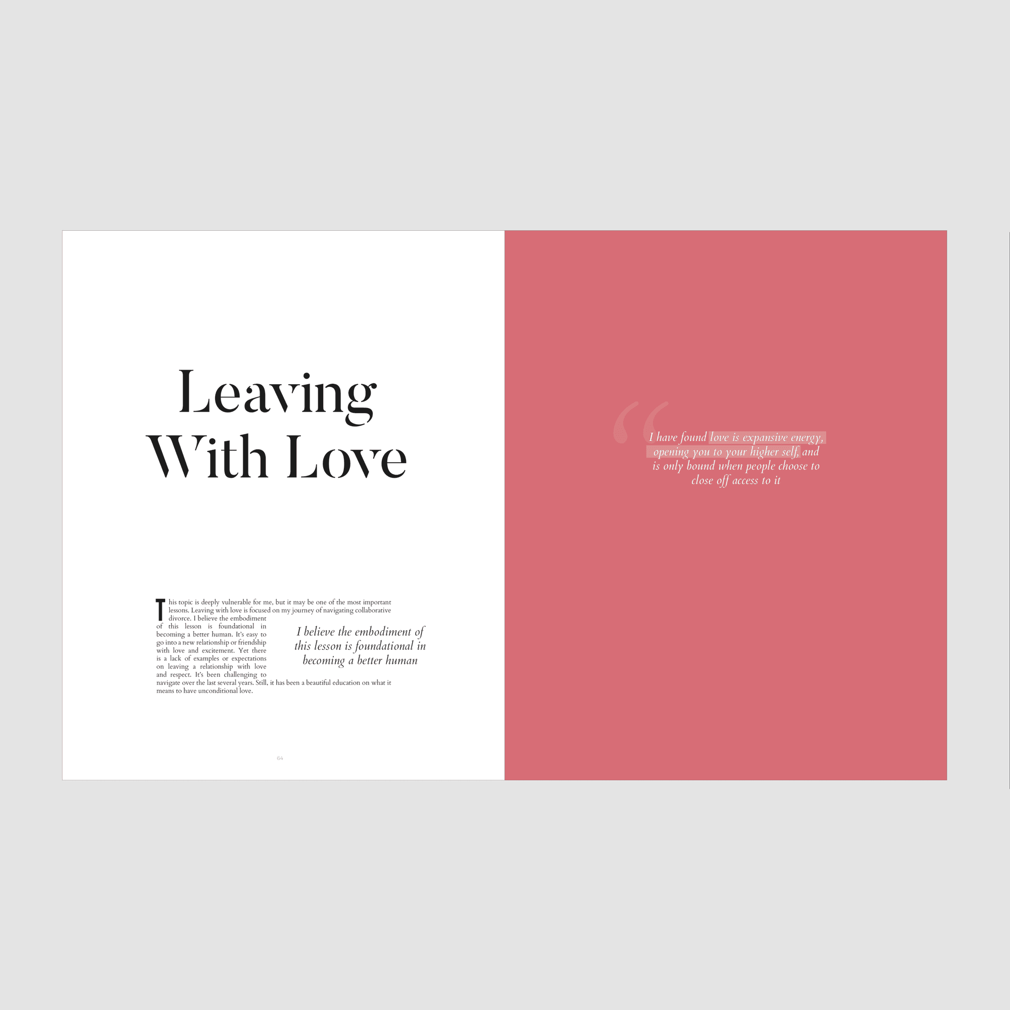 A 3vies magazine spread titled Leaving With Love, with a pink pull-quote page.