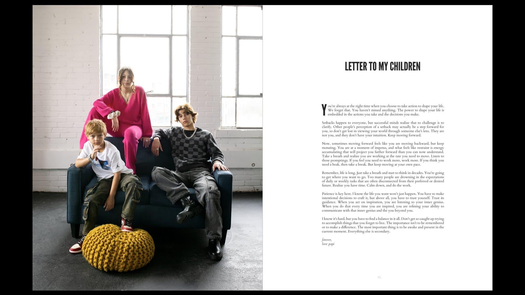 A 3vies magazine spread titled Letter to My Children, beside a family portrait on a couch.