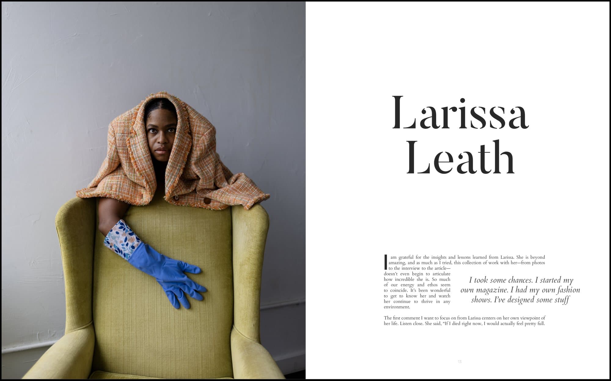 A 3vies magazine spread profiling Larissa Leath, shown in a yellow chair wrapped in a scarf and blue glove.