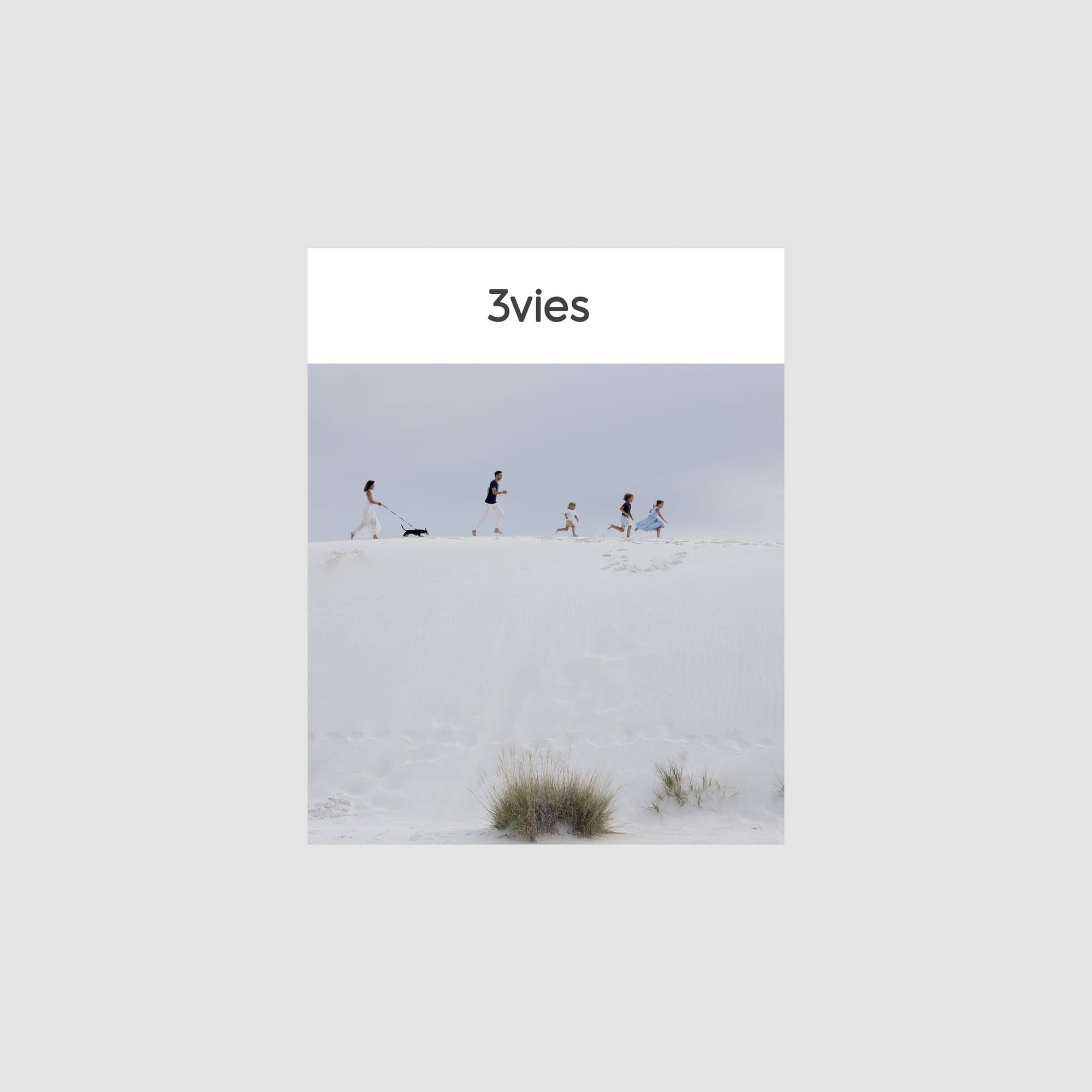 Cover of 3vies magazine Volume 32, a family and dog walking along a white sand dune.