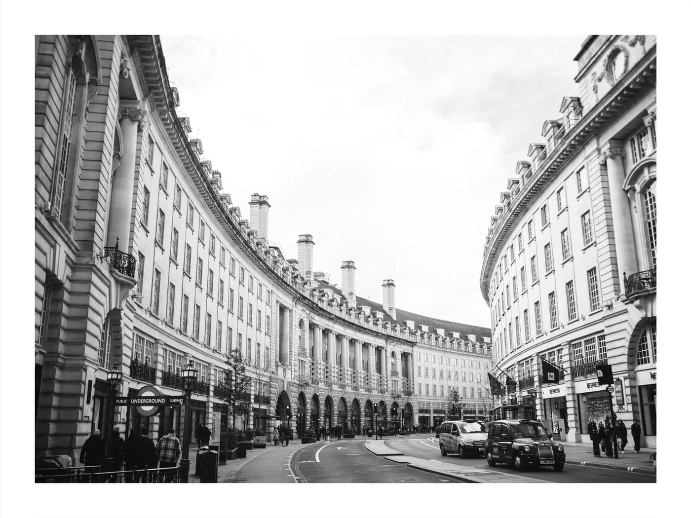 London, a TIMELESS archival print in black and white of the curving facades of Regent Street.