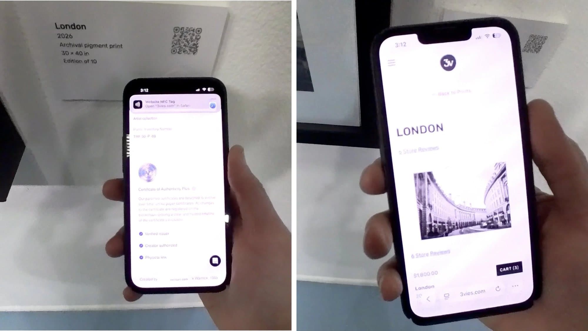 Phone scanning the London wall label, then showing the London print's purchase page on 3vies.com.