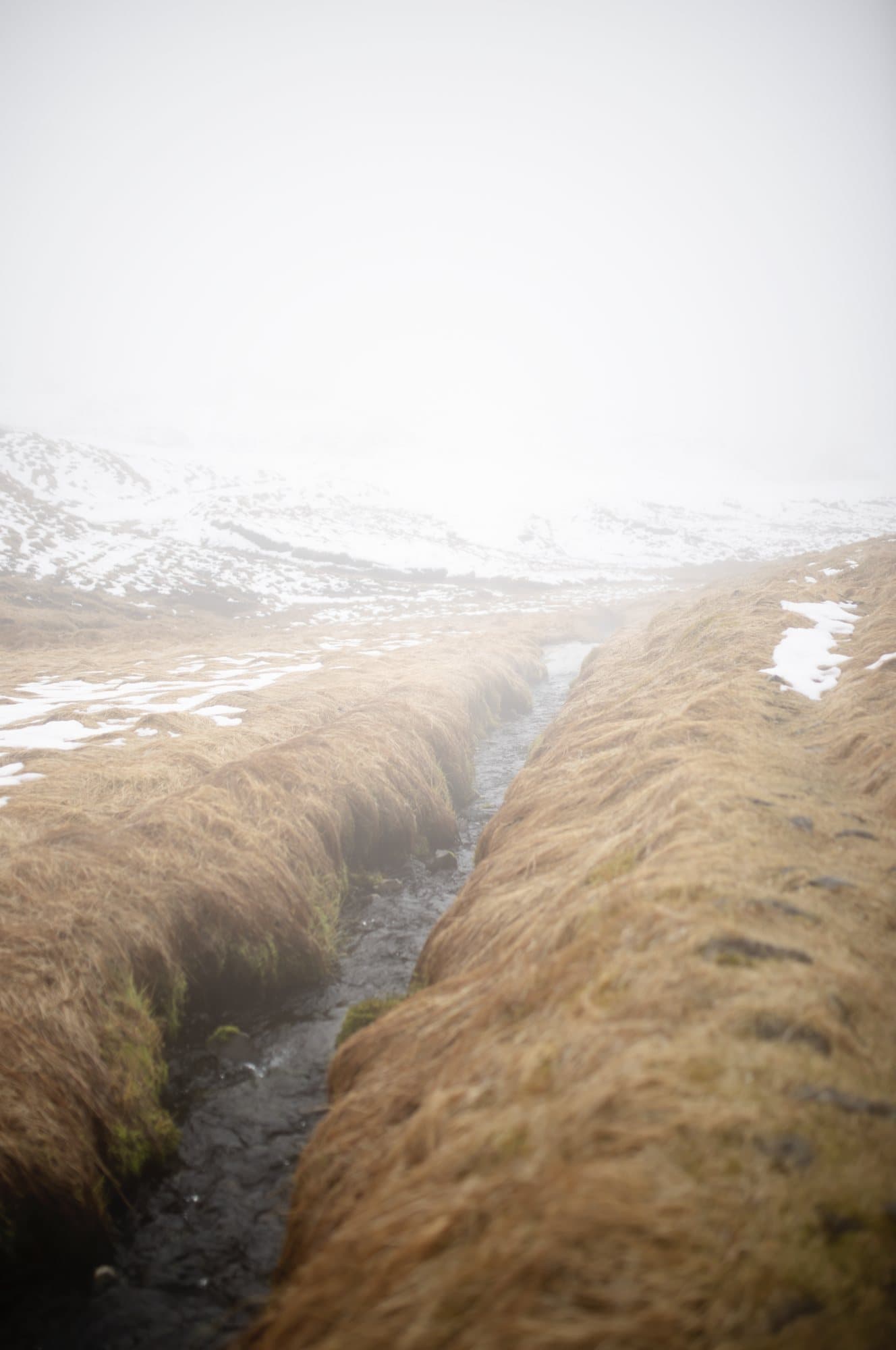 Photo handout of a narrow stream cutting through golden grass toward foggy snowy hills in Iceland.