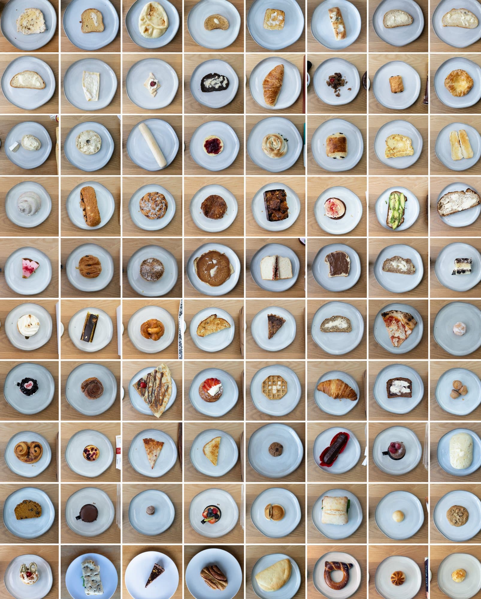 Photo handout grid of dozens of pastries and desserts, each on its own small plate.