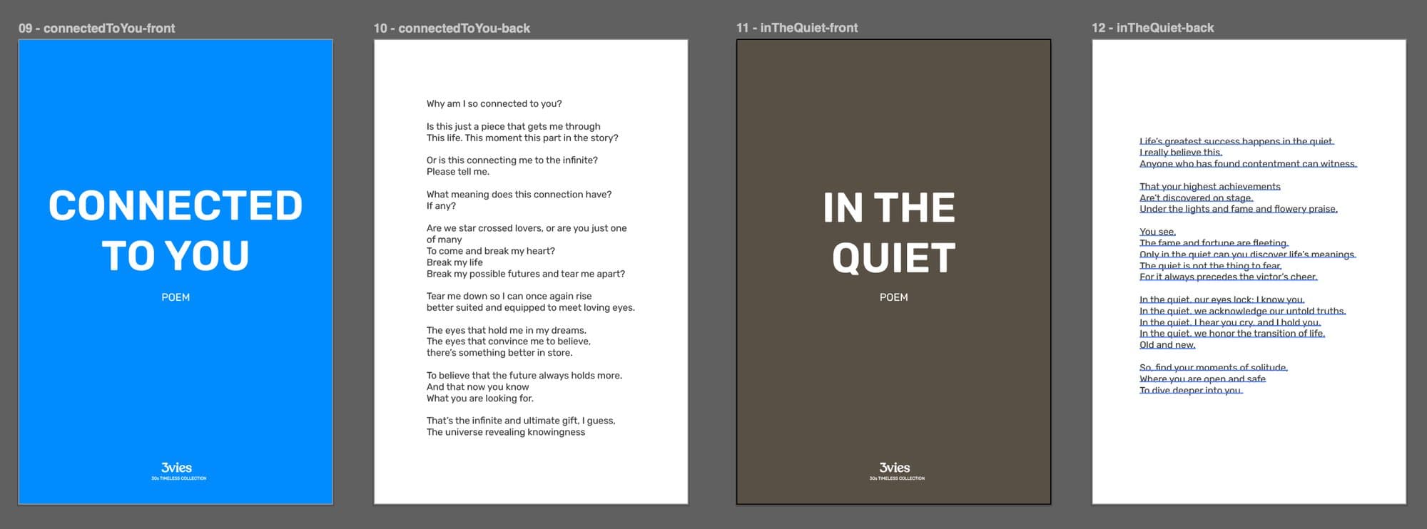 Unused poem handout cards for Connected to You and In the Quiet, fronts and backs.