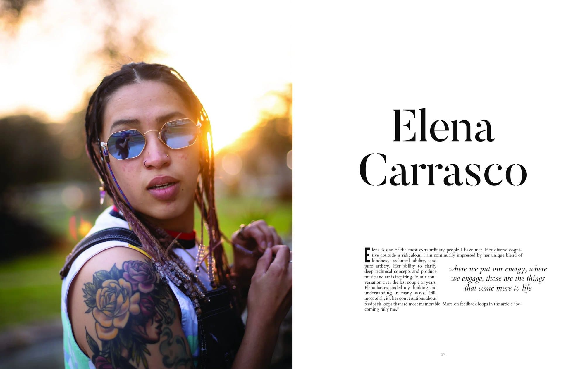 Spread from Volume 35 introducing Elena Carrasco, with her sunset portrait facing the headline.