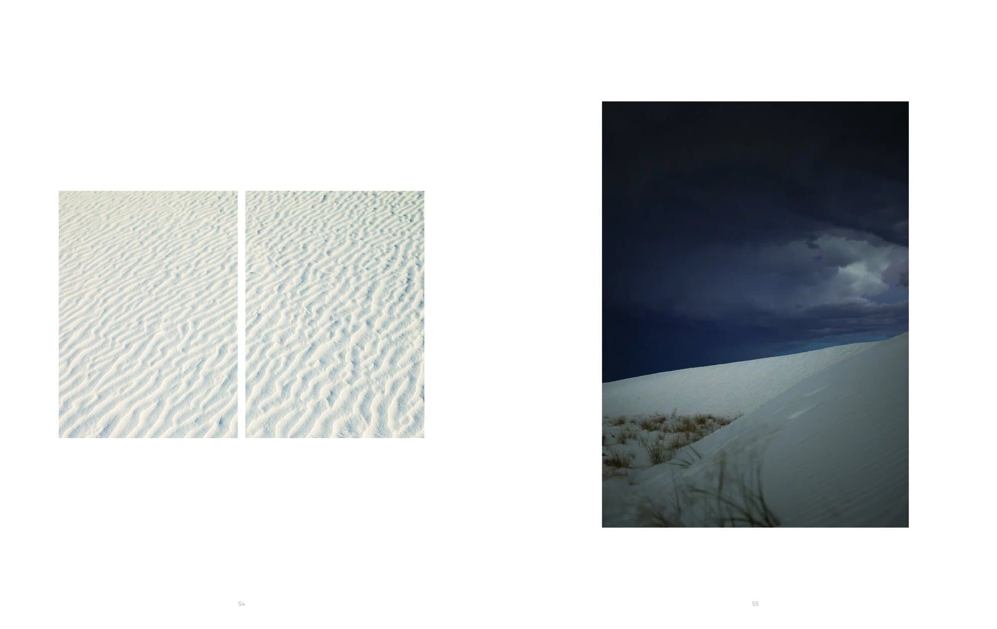 Spread from Volume 35 pairing close-ups of rippled sand with a dune under a dark storm sky.