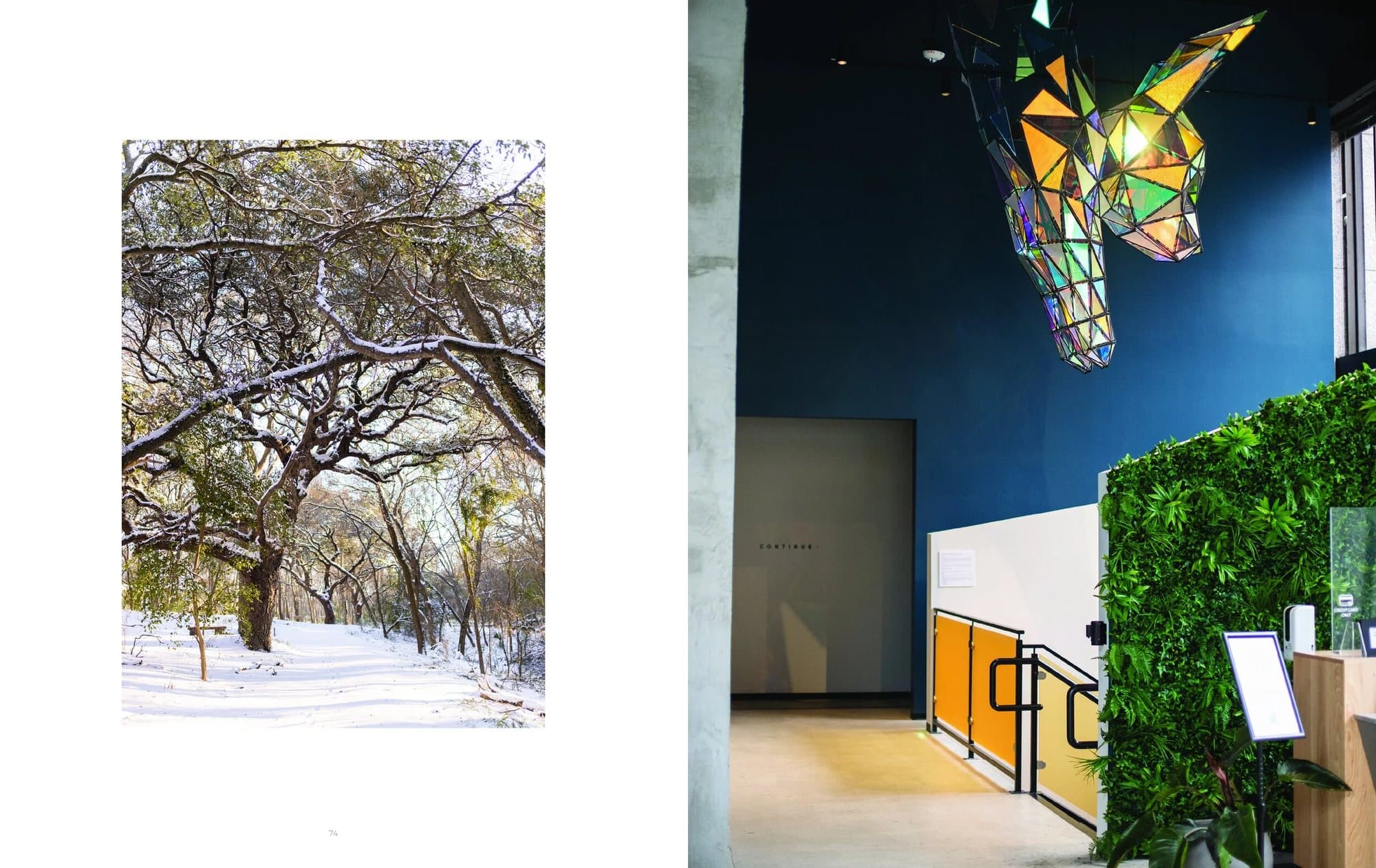 Spread from Volume 35 pairing snowy oak trees with a lobby under a faceted glass giraffe sculpture.