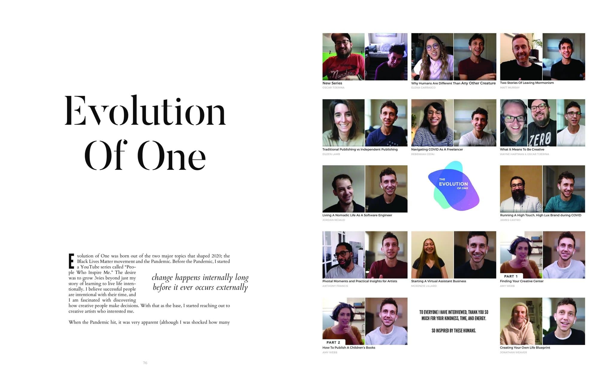 Spread from Volume 35 opening Evolution of One, beside a grid of video interview thumbnails.