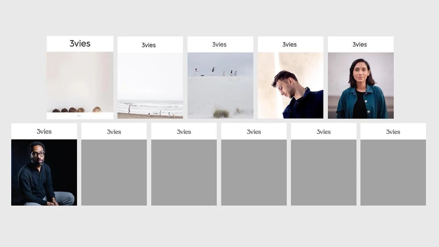Instagram preview of 3vies covers from Volumes 30 to 35, followed by gray placeholders for future volumes.