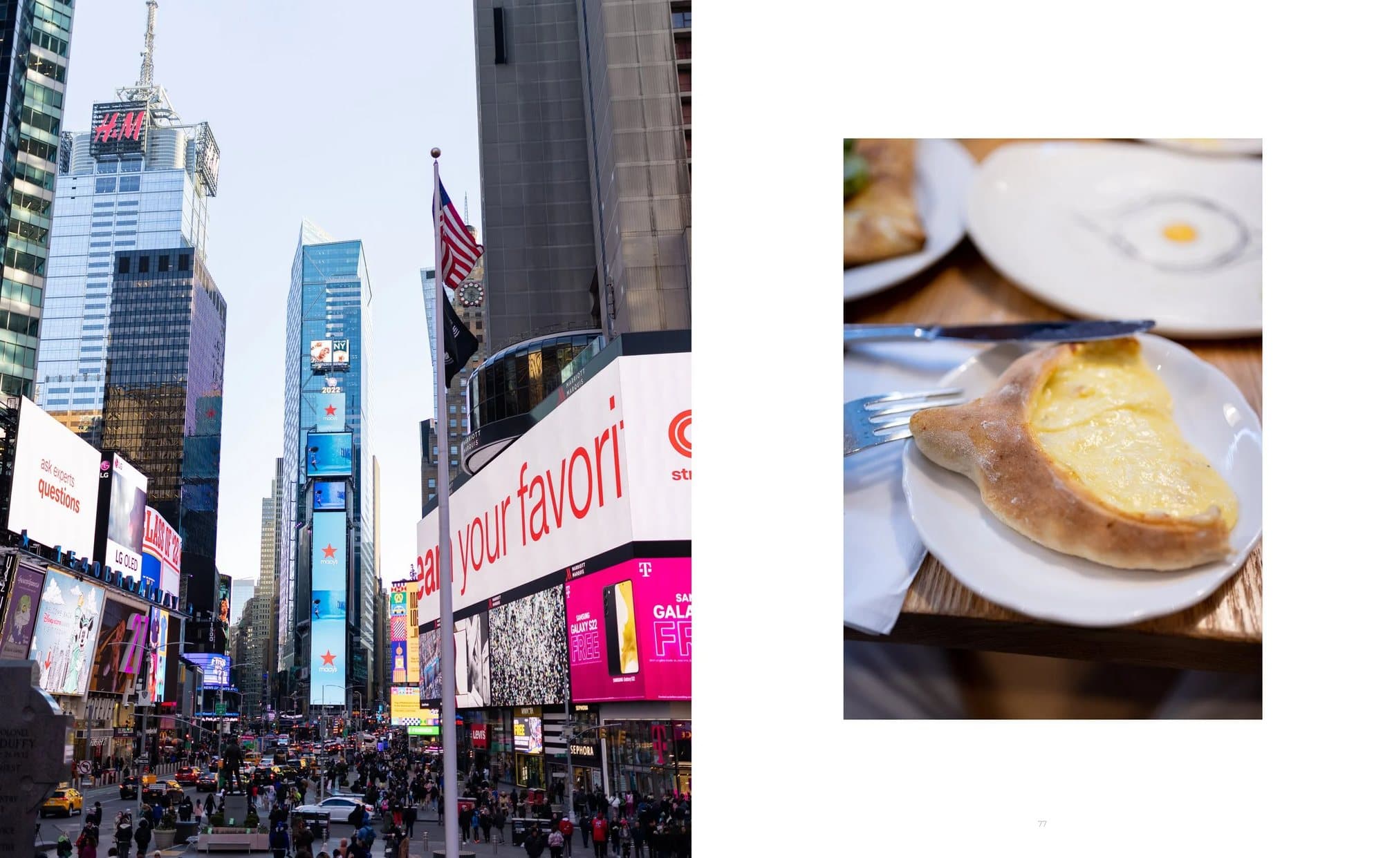 Spread from Volume 36 pairing Times Square billboards with a cheese-filled bread on a plate.