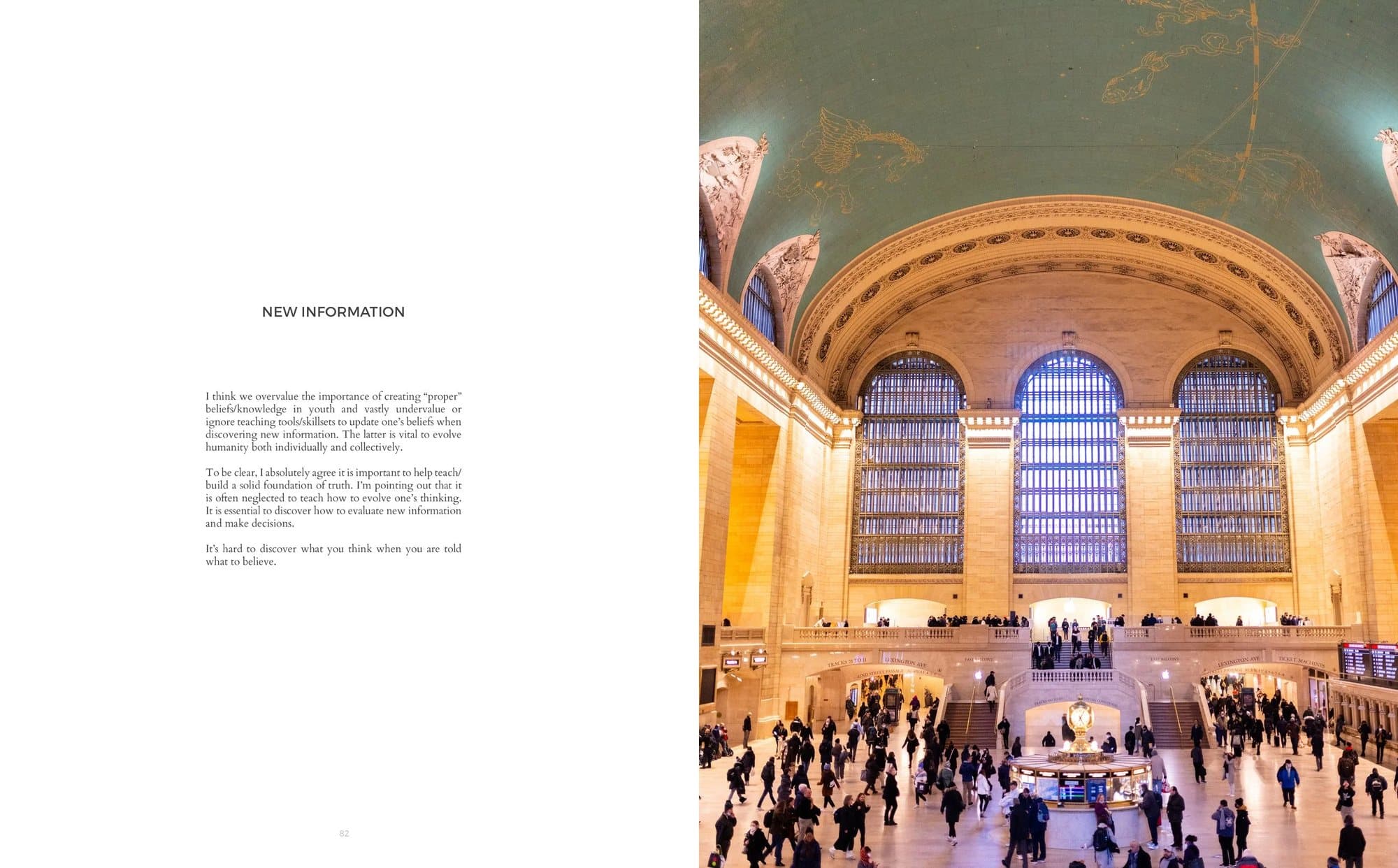Spread from Volume 36 with the essay New Information beside Grand Central Terminal's main hall.