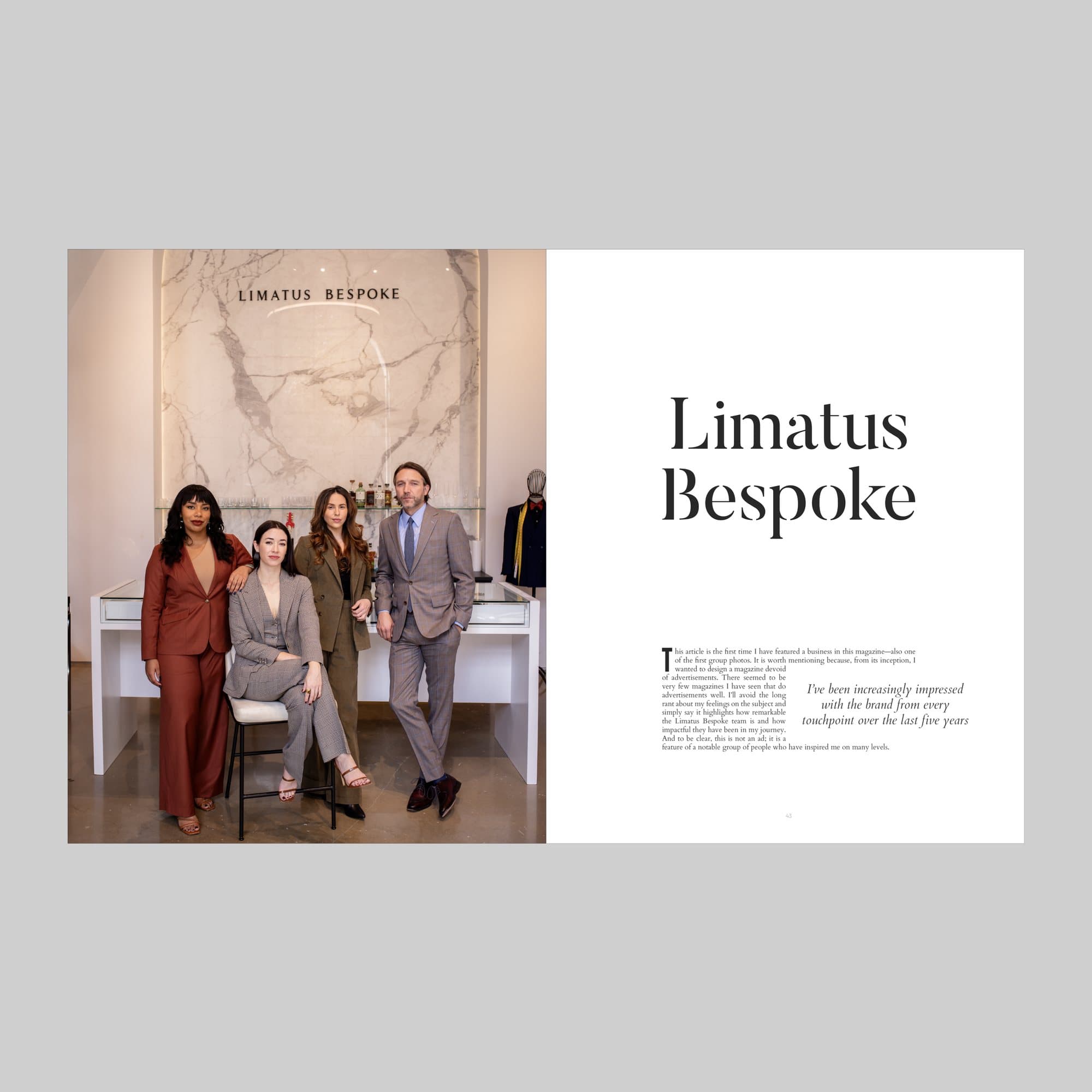 Spread from Volume 38 introducing Limatus Bespoke, a team portrait in their showroom facing the headline.