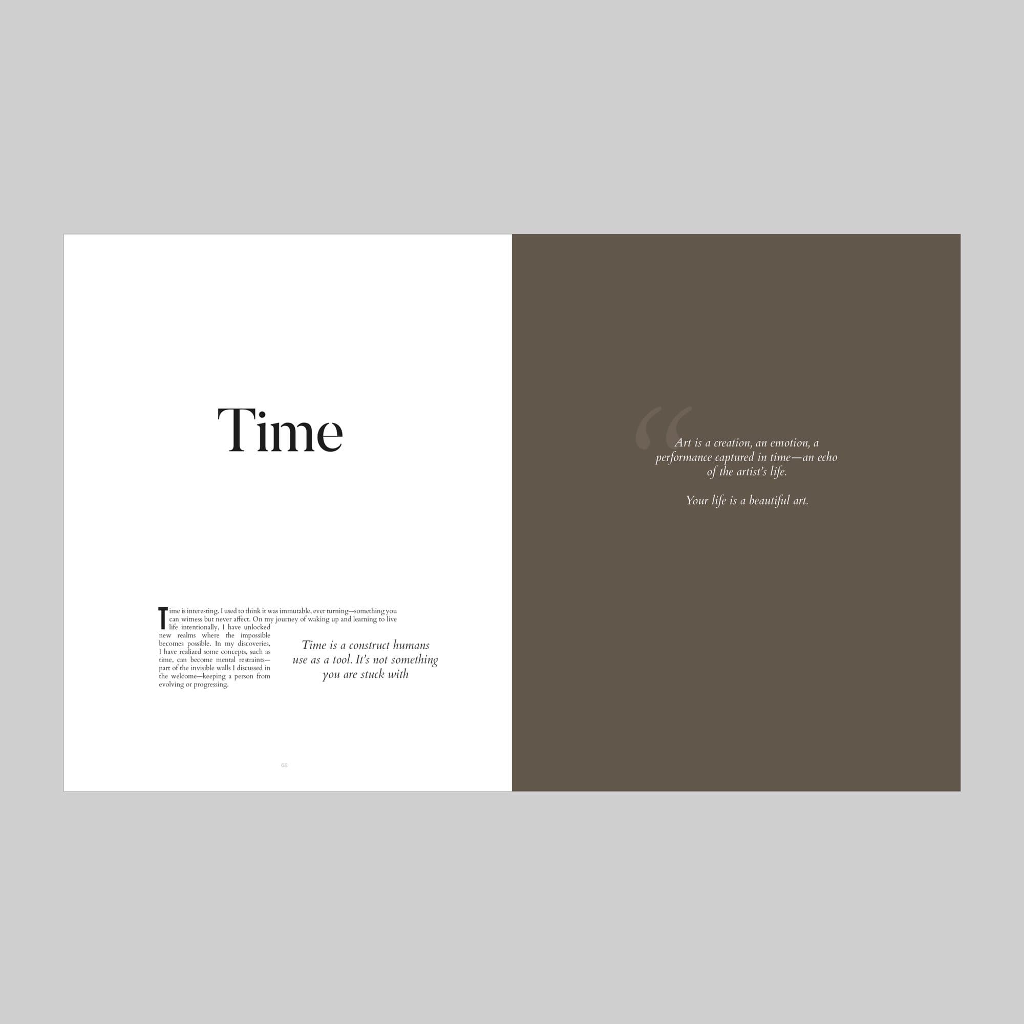 Spread from Volume 38 opening the article Time, facing a quote reading Your life is a beautiful art.