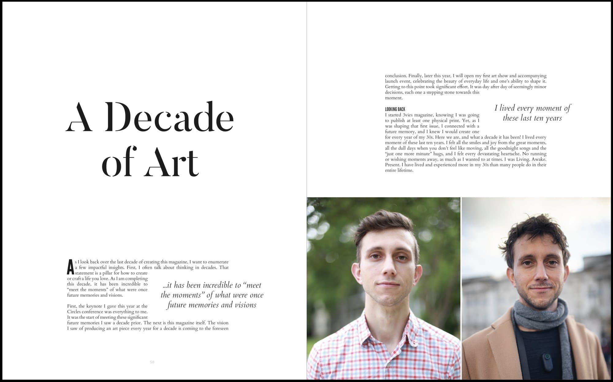 Spread from Volume 39 opening the article A Decade of Art, with portraits of Mark ten years apart.