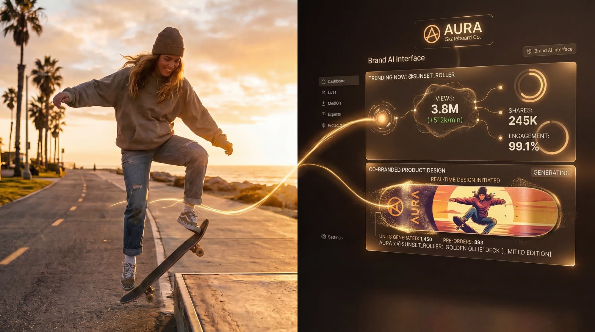 A skateboarder at sunset linked to a brand AI dashboard that turns her viral video into a limited edition co-branded skateboard deck.