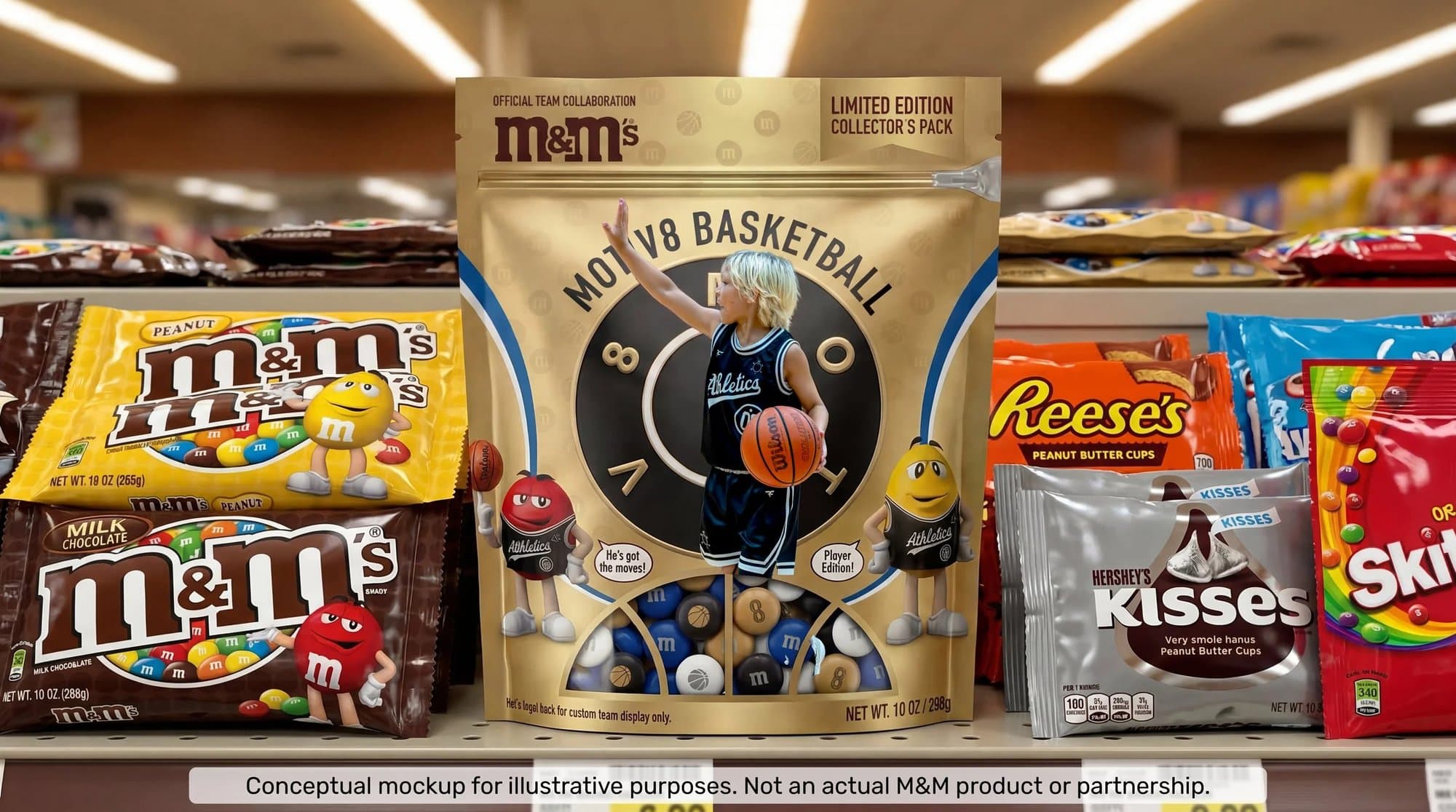 Concept mockup of a gold M&M's Motiv8 Basketball collector's pack featuring a young player, stocked on a local store shelf.