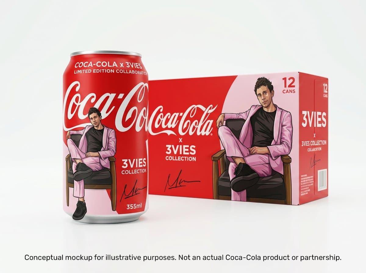 Concept mockup of a Coca-Cola x 3vies limited edition can and 12-pack featuring an illustrated portrait of Mark in a pink suit.