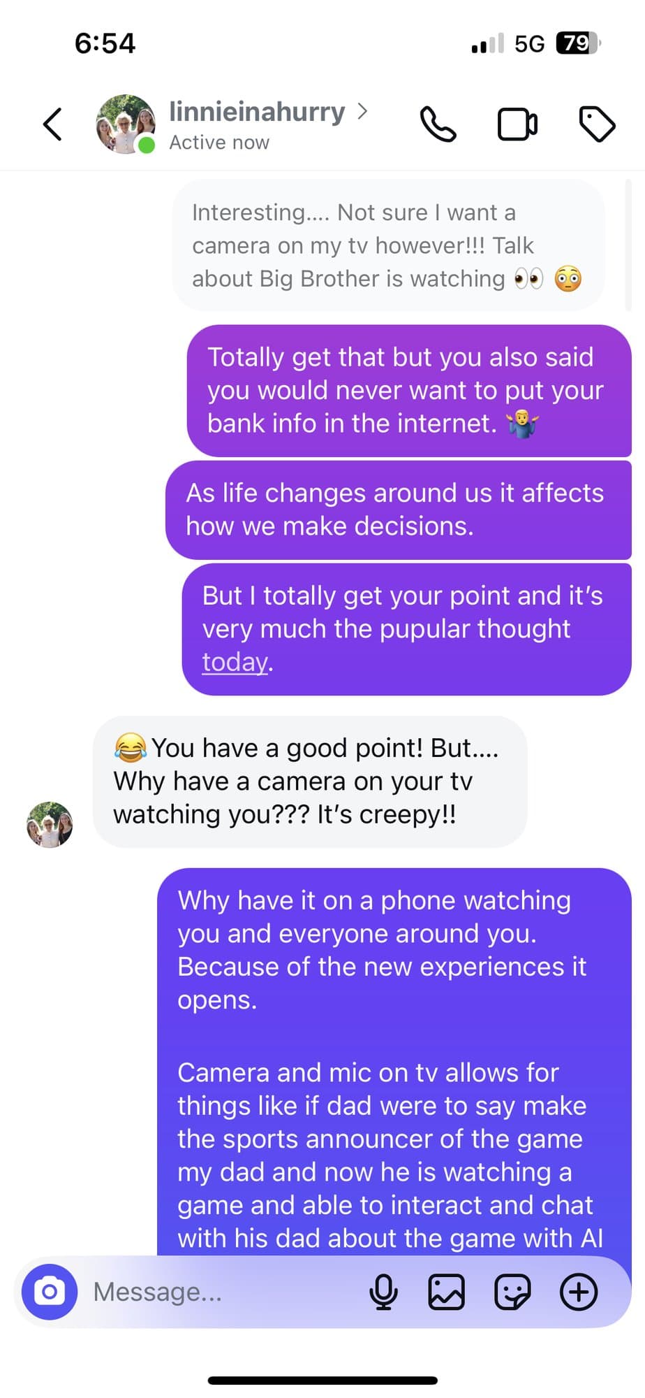 Text thread in which Mark's mom asks why anyone would want a camera on their TV and Mark explains the new experiences.