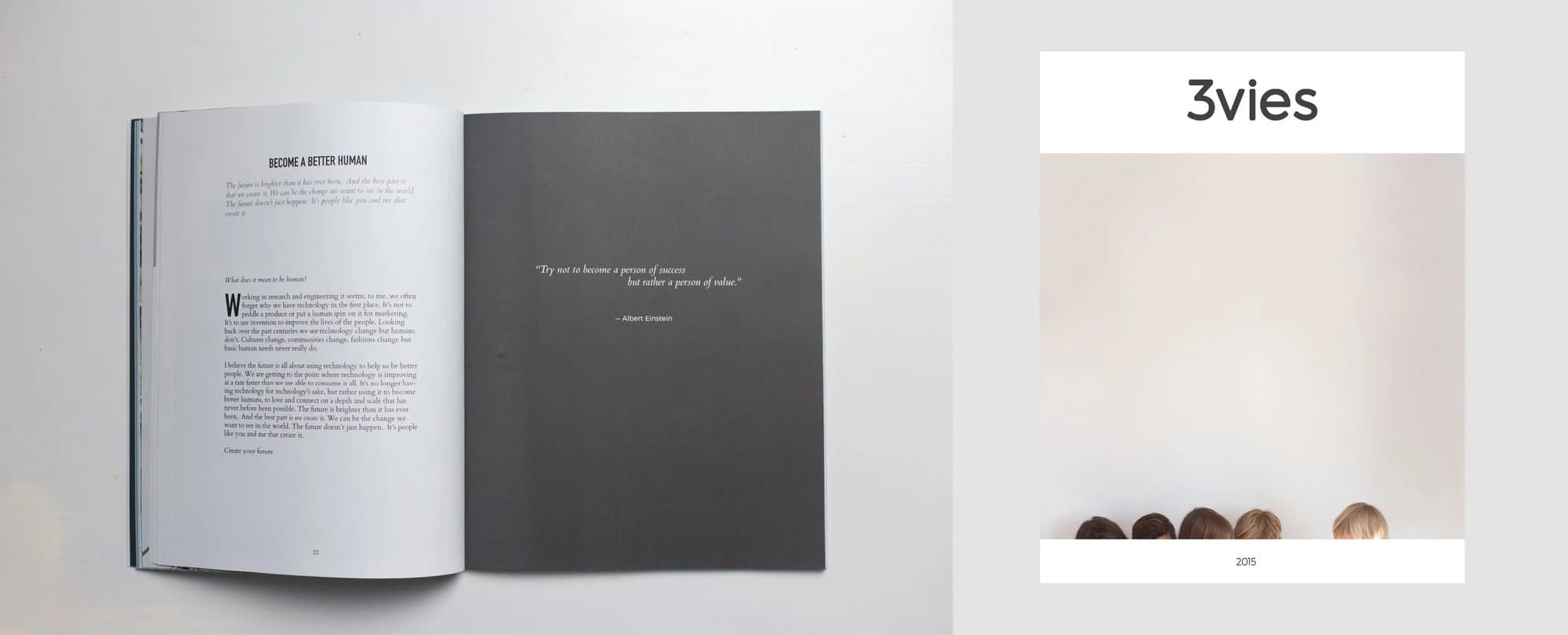 An open 3vies magazine showing the article Become a Better Human beside the 2015 cover of Volume 30.