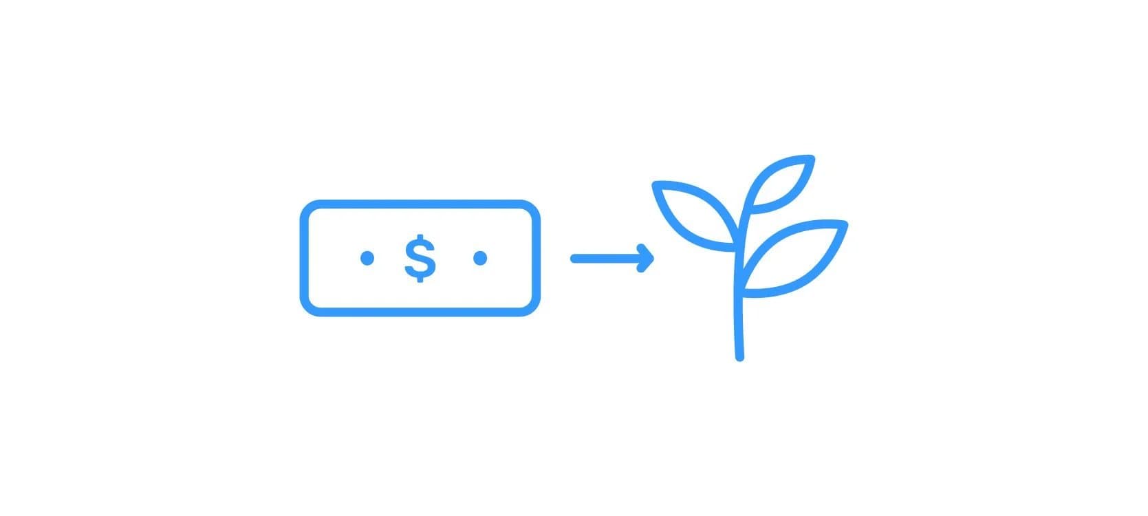 A dollar bill icon with an arrow to a sprouting plant, illustrating the shift from extractive to nourishing economics.