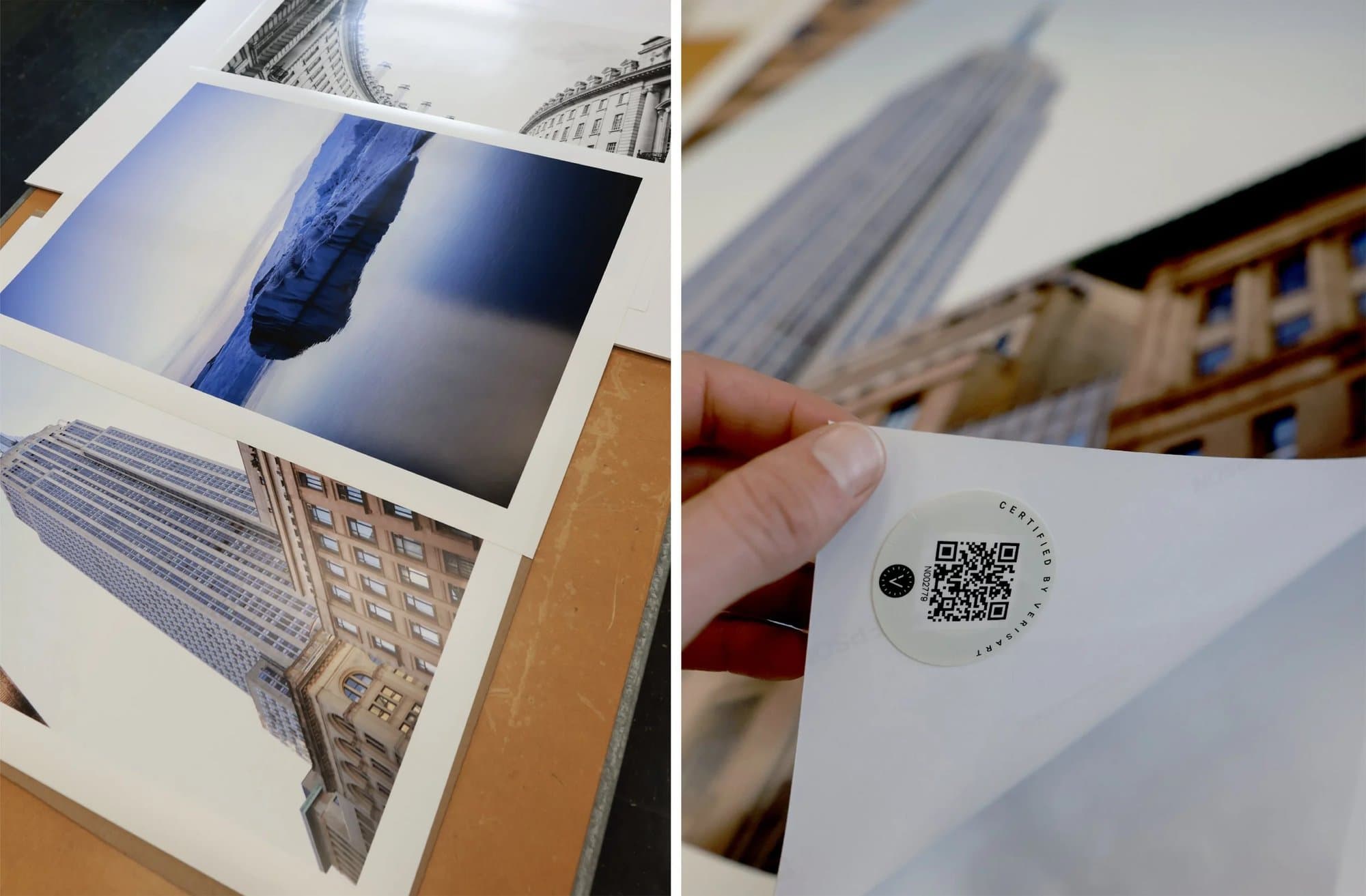 Timeless photo prints laid out on a table, and the back of a print showing a Certified by Verisart QR tag.