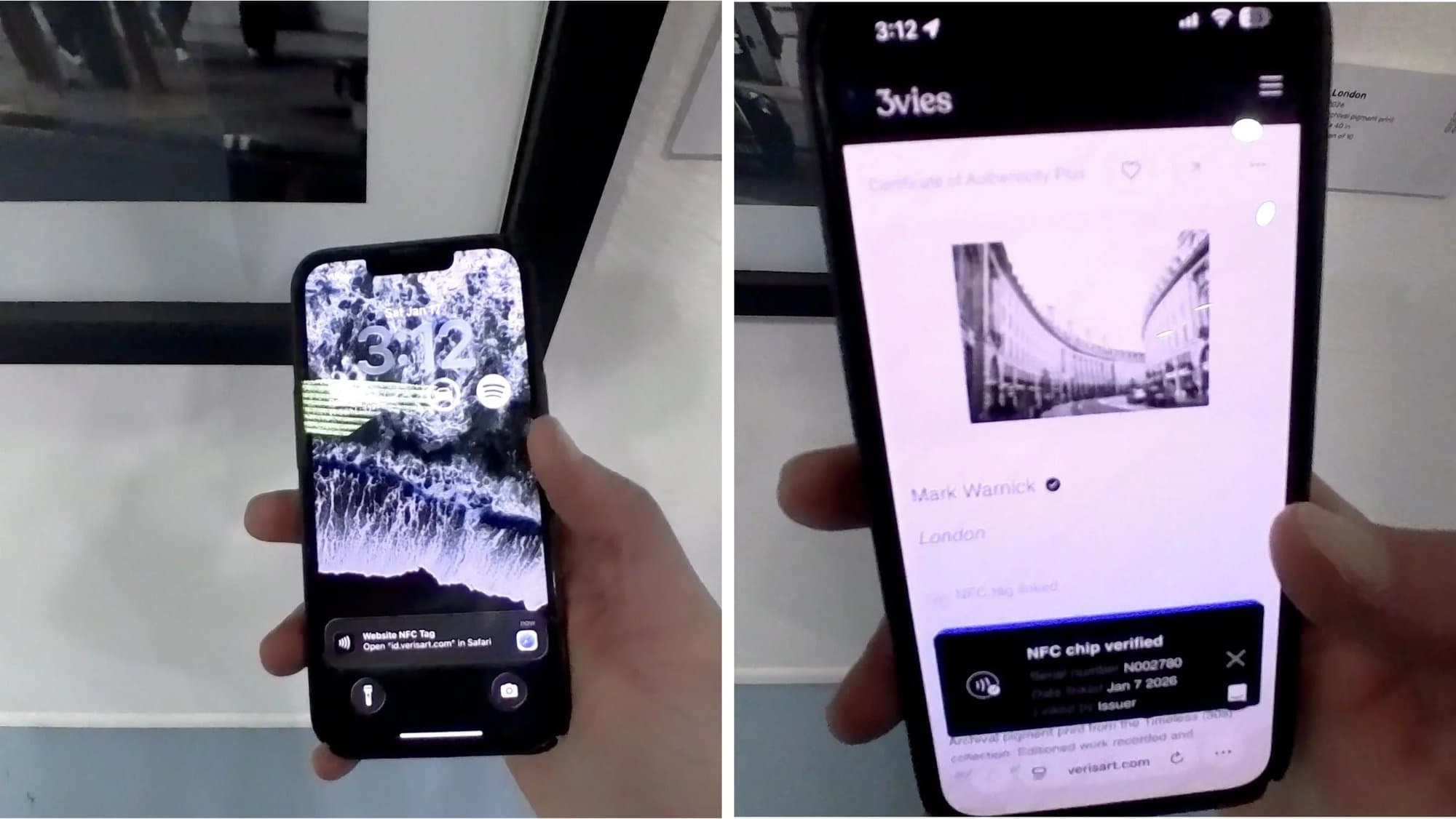 A phone tapped to the London print shows an NFC tag alert, then opens its verified blockchain certificate of authenticity.