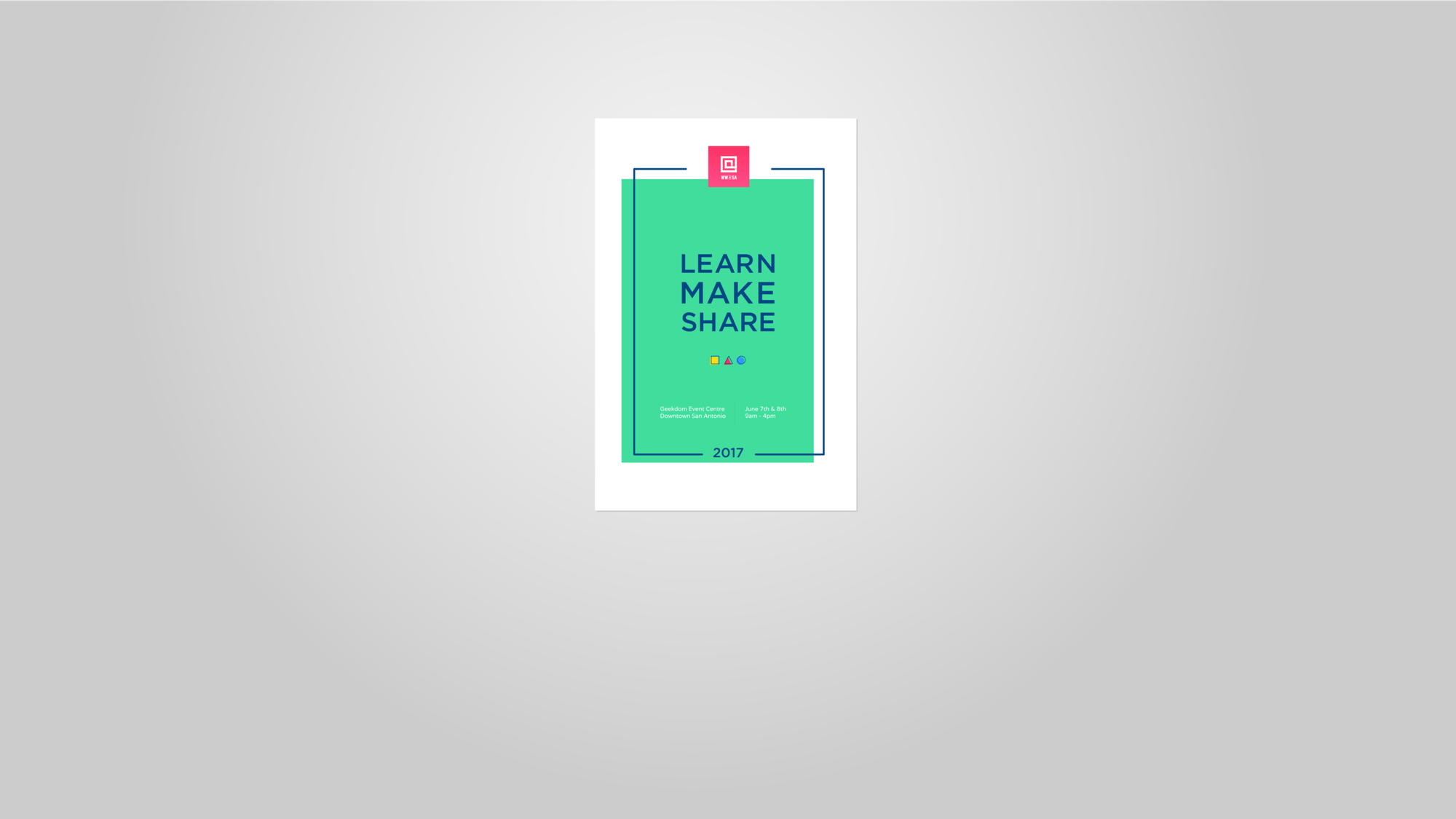 The green WW@SA 2017 Learn Make Share poster centered on a soft gray background.