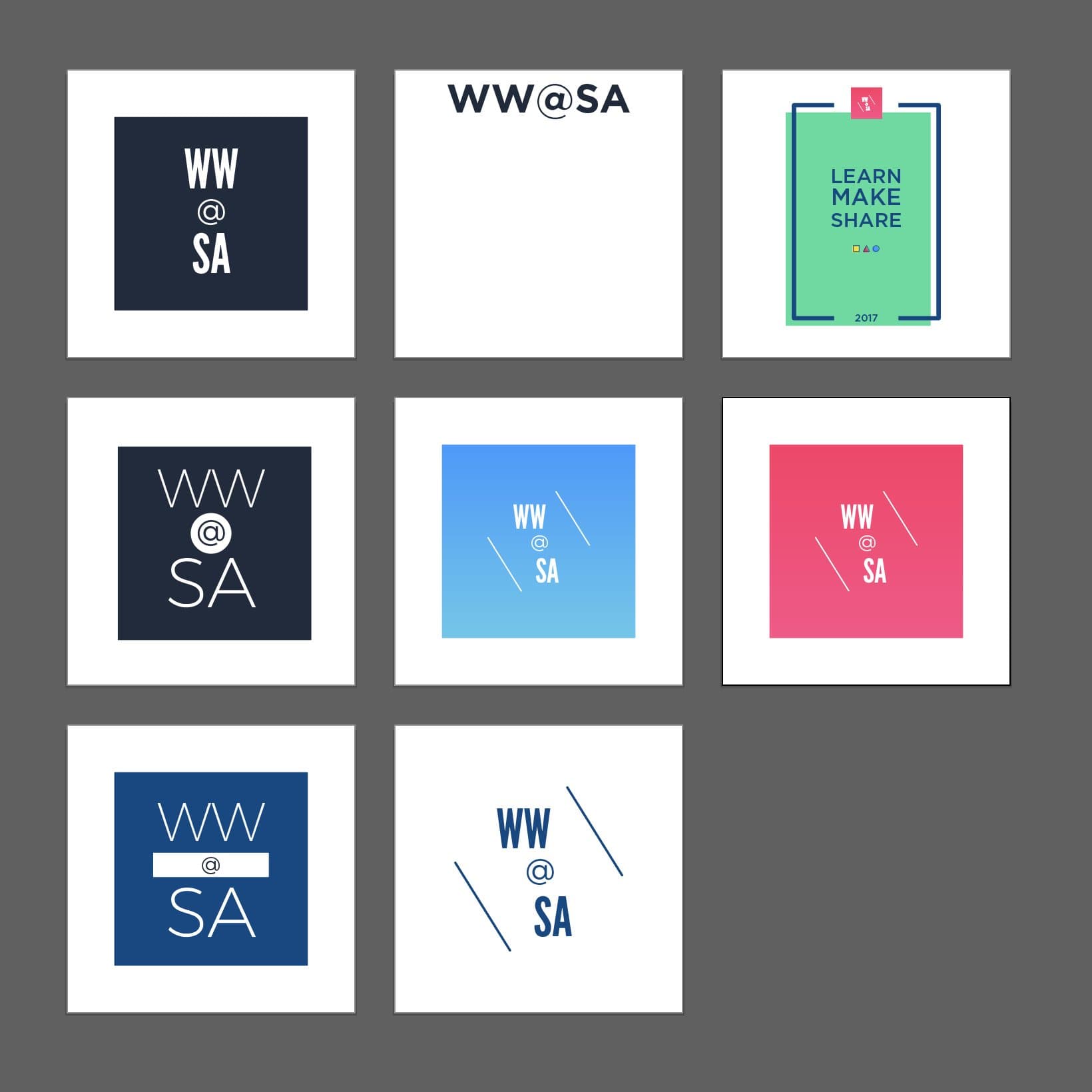 Early WW@SA logo explorations in navy, blue, and pink squares, alongside the Learn Make Share card.