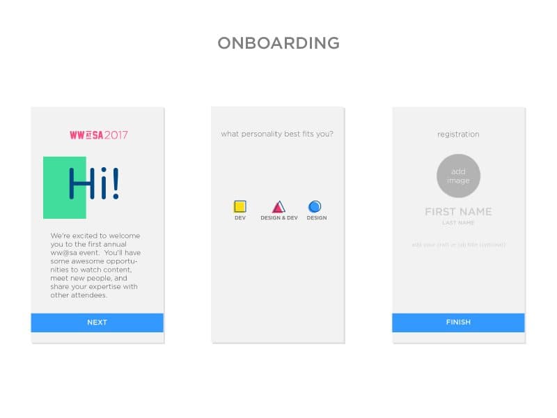 Three onboarding screens for the WW@SA app: a Hi! welcome, a personality picker with shapes, and registration.
